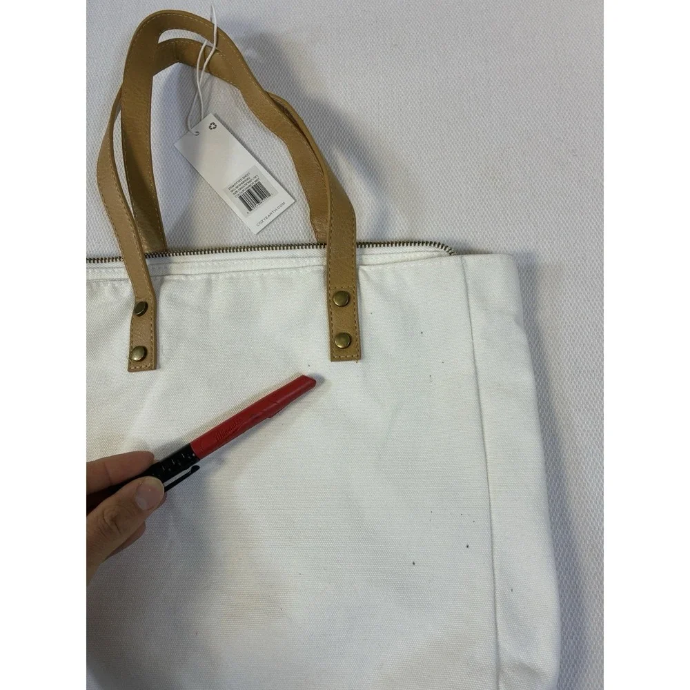 Cozy Earth White‎ Canvas Tote Bag Tan Faux Leather Handles Zippered Large